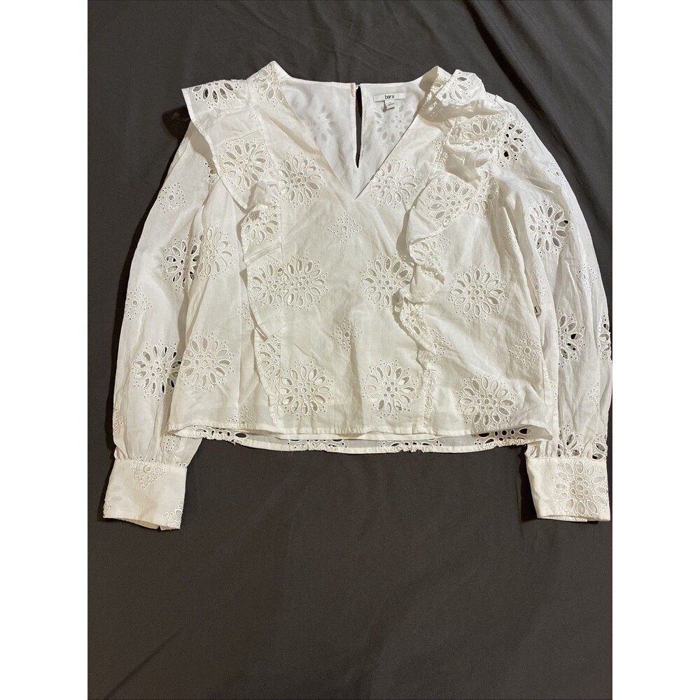 NWT BAR III Women's White Cotton V-Neck Ruffled Eyelet Long-Sleeve Top SZ Large
